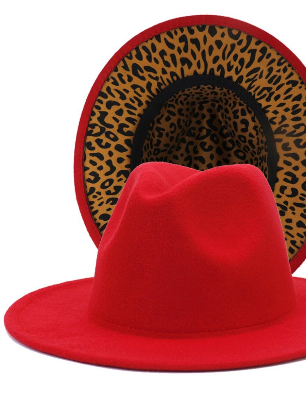 Red w/ Leopard Bottom | Wide Brim Panama Felt Fedora Hat